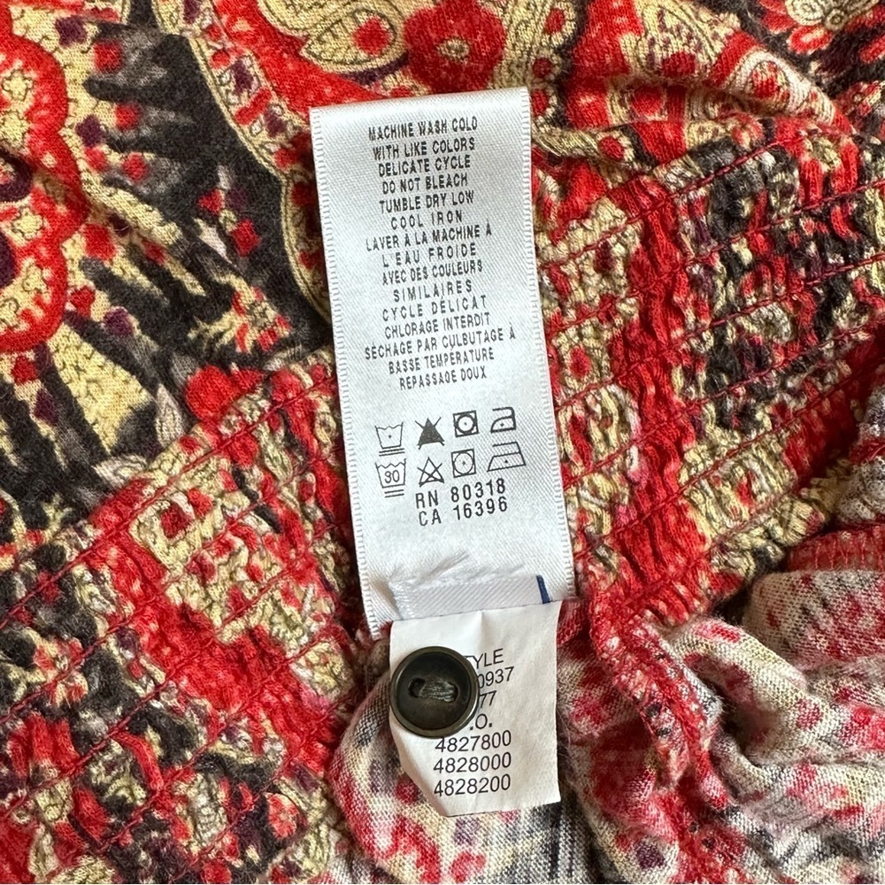 Lucky Brand Women's Red Medallion Print Boho 3/4 Sleeve Split Neck Blouse Sz M - Picture 6 of 6